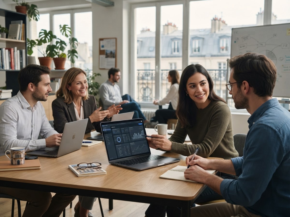 Ruche Investif - collaborateurs échangeant autour d'un tableau de bord de portefeuille